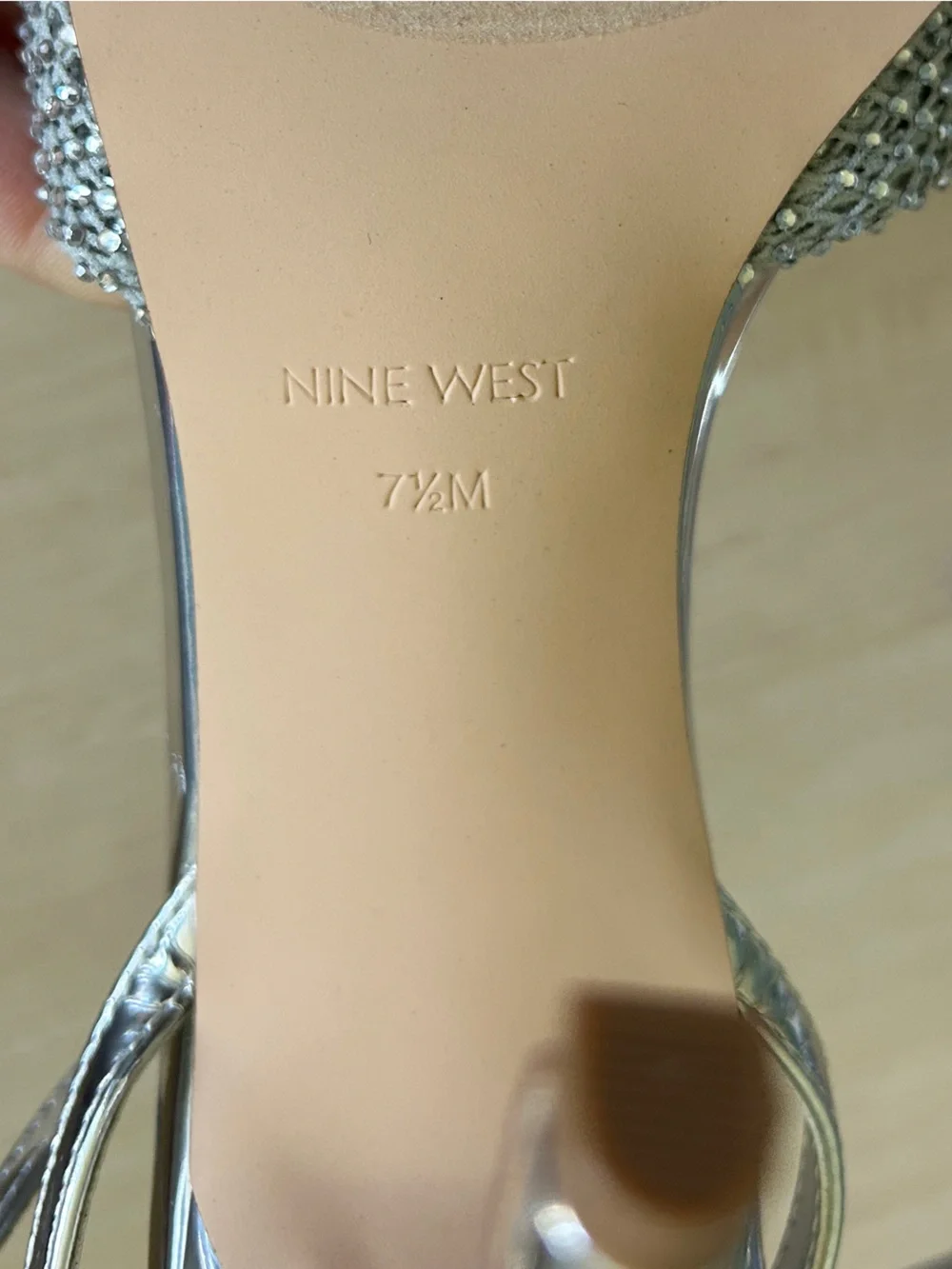 Nine West Silver Metallic Mesh Crystal Rhinestone Ankle-Strap Heels Size 7.5
